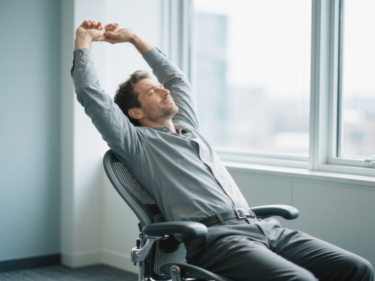 A man stretching his arms overhead while sitting in a modern office chair, looking out a bright window with a relaxed expression.