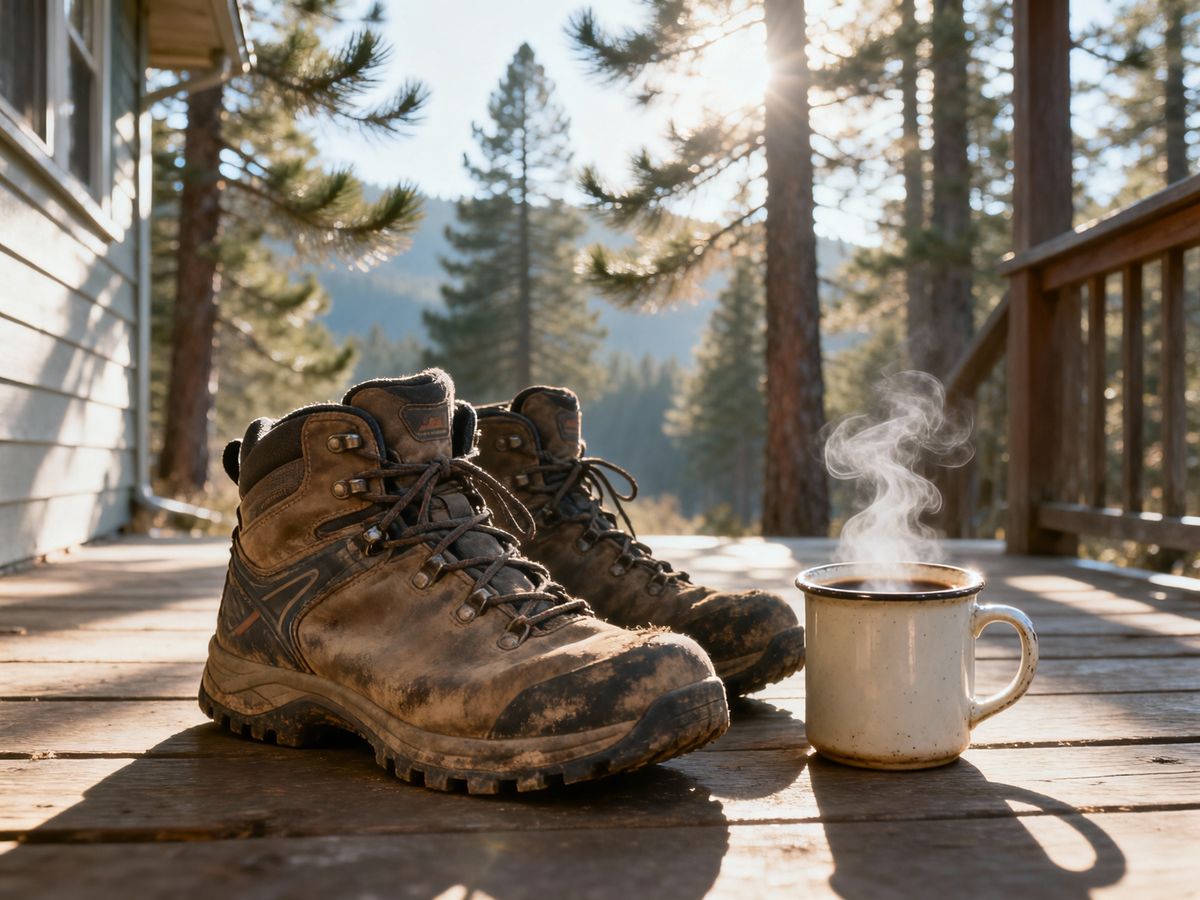 A pair of worn hiking boots resting on a wooden porch next to a steaming mug of coffee, with soft morning sunlight filtering through pine trees.
