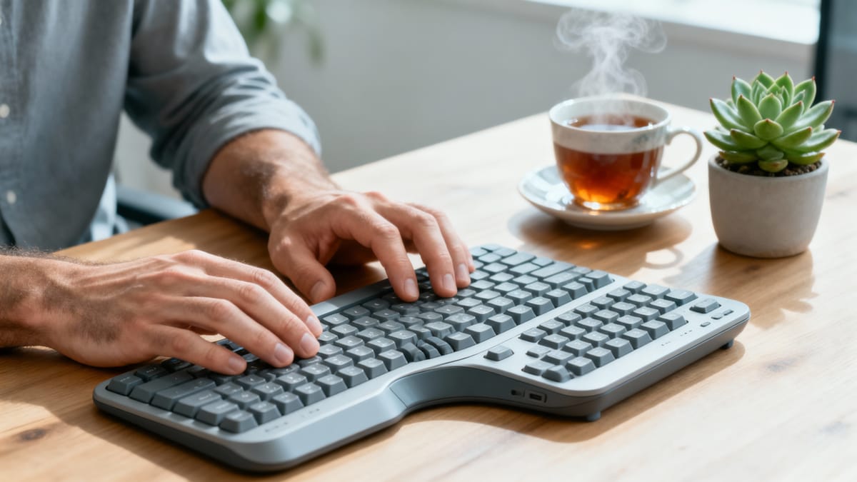 A close-up of a man's hands gently resting on an ergonomic split keyboard on a clean wooden desk, with a steaming mug of tea and a small green succulent plant in the background.