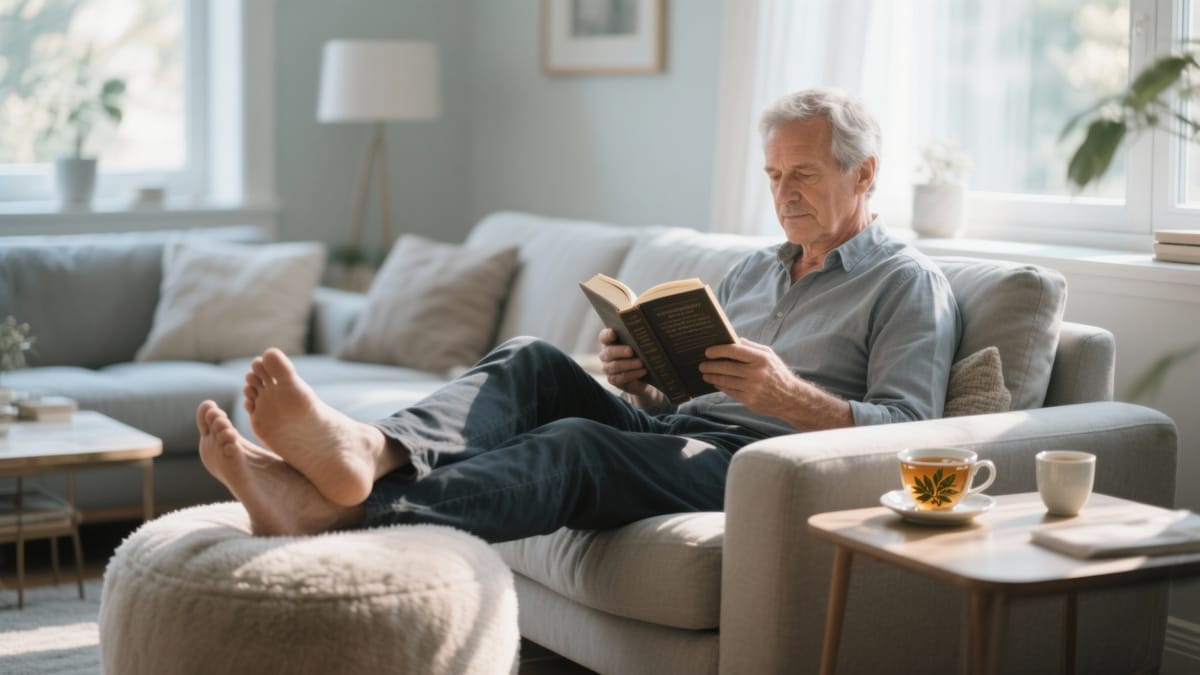 A man in his early fifties sitting comfortably in a softly lit living room, reading a hardcover book with his feet resting on a soft ottoman, a warm cup of herbal tea on the side table.