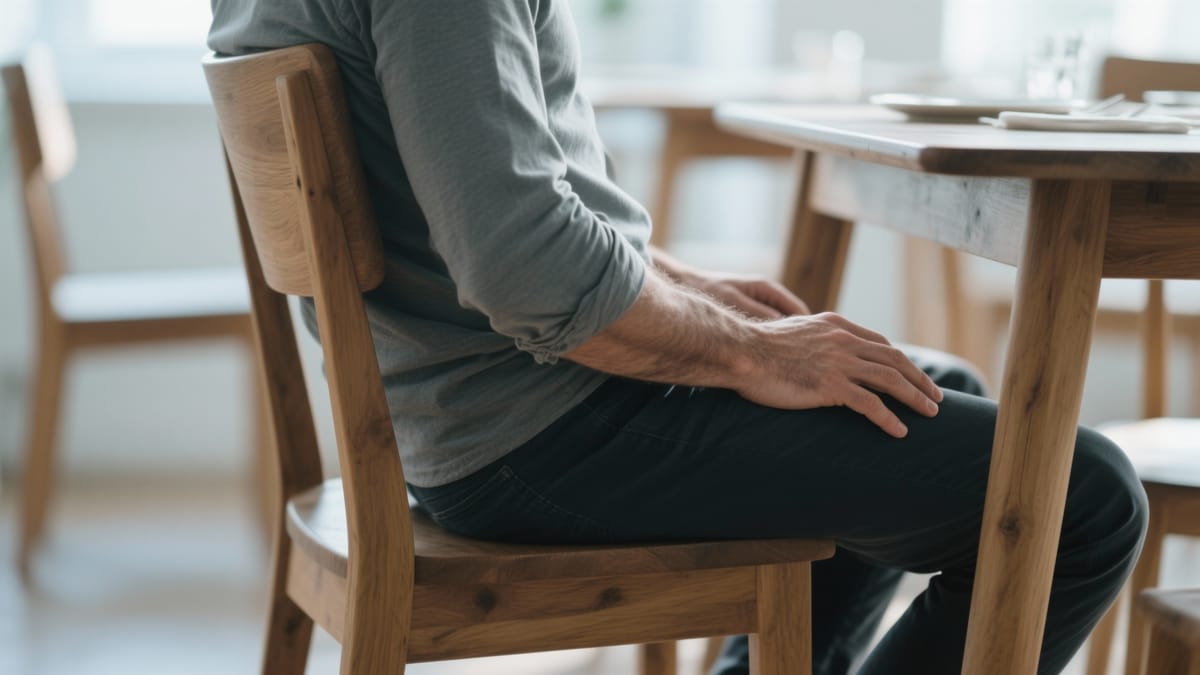 A close-up side profile of a man sitting on a wooden dining chair, demonstrating a straight but relaxed lower back with his hands resting easily on his thighs.