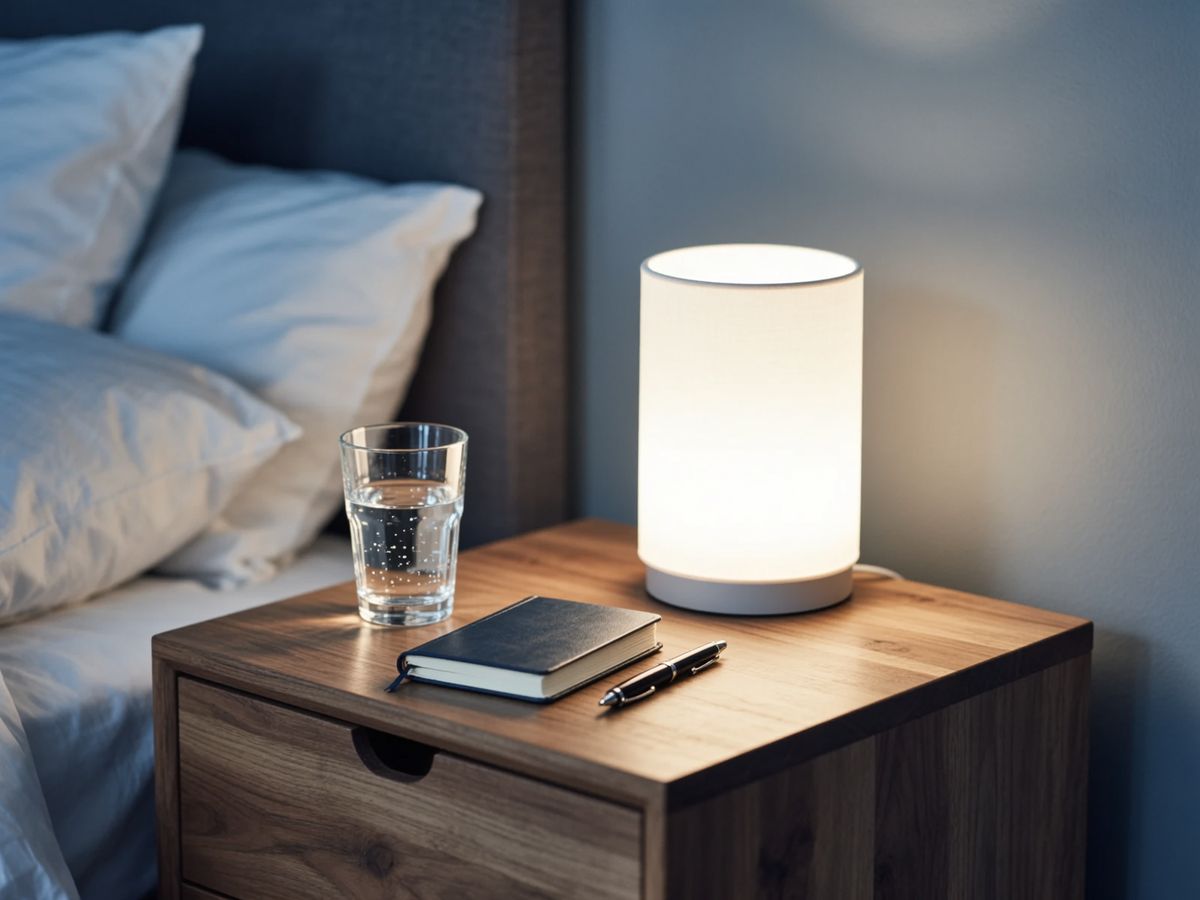 A neatly arranged wooden nightstand featuring a glass of water, a small closed journal, a pen, and a soft glowing table lamp illuminating the dark bedroom space.