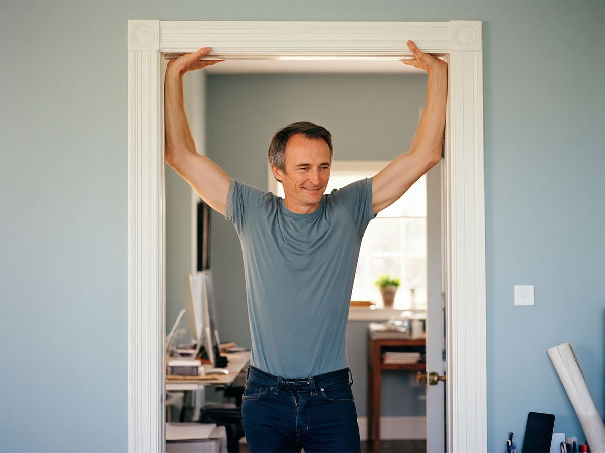 A man standing in a home office doorway, reaching his arms up and slightly back to stretch his chest against the doorframe, smiling gently.