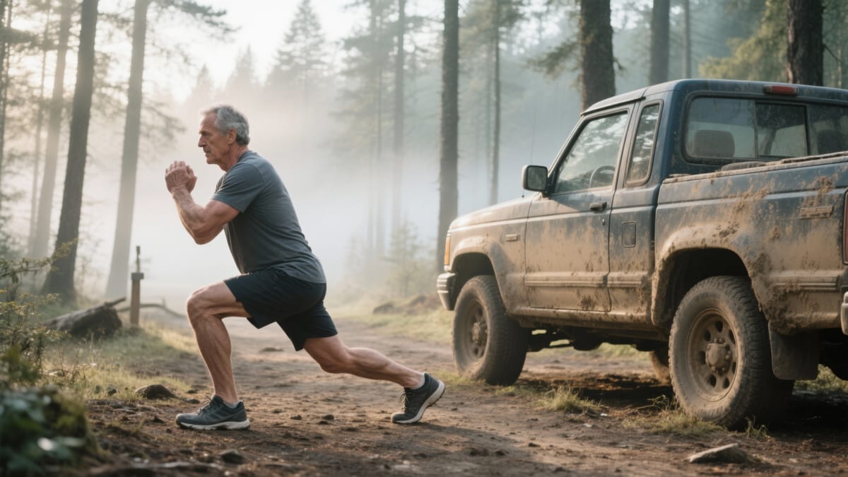 A man in his early fifties doing dynamic lunges beside a dusty SUV parked at a forest trailhead, morning mist in the background.