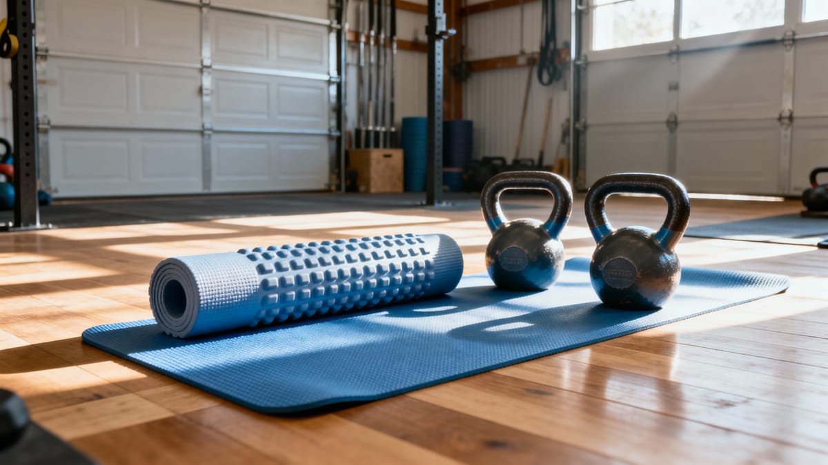 A neatly organized garage gym showing a blue yoga mat, a foam roller, and two light kettlebells resting on a wooden floor, bathed in morning sunlight.
