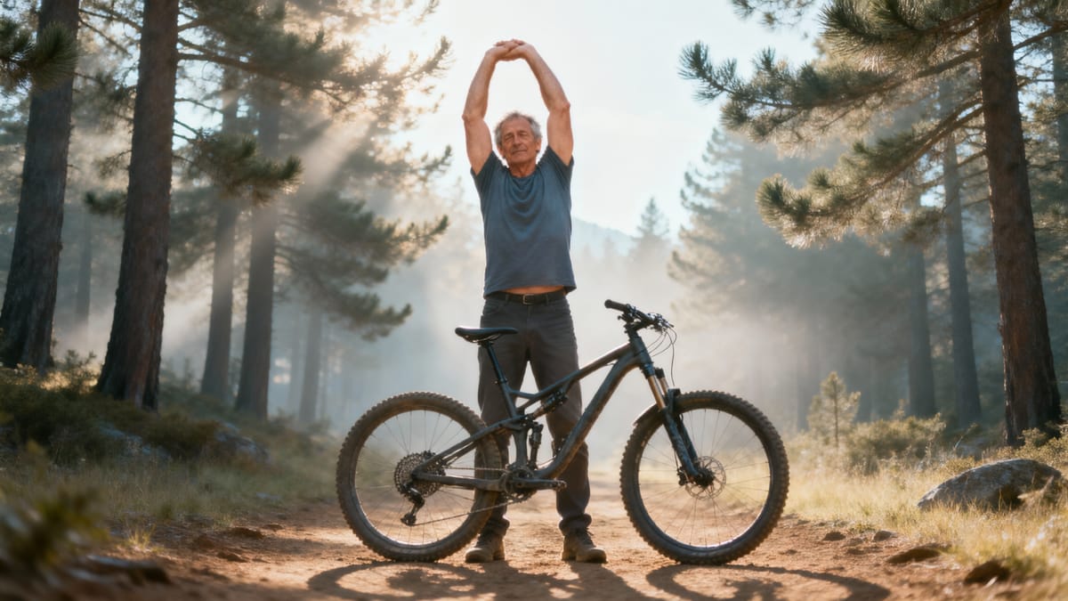 A man in his early fifties stretching his arms overhead while standing next to a mountain bike on a dirt trail, morning sunlight filtering through the pine trees.