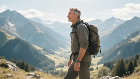 A fit middle-aged man in outdoor gear looking out over a sunlit mountain valley with a relaxed and confident posture.