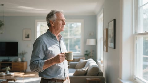 A man in his fifties standing tall and relaxed in a sunlit living room, holding a ceramic coffee mug while looking thoughtfully out the window.