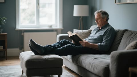 A man in his early fifties sitting in a dimly lit living room, reading a book while resting his feet on an ottoman.