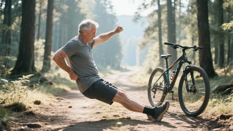 A man in his fifties stretching near his mountain bike on a sunlit forest trail during a morning ride.