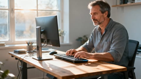 A man in his late forties standing at a bright, organized wooden standing desk, comfortably typing on an ergonomic keyboard with warm morning light streaming through a window.