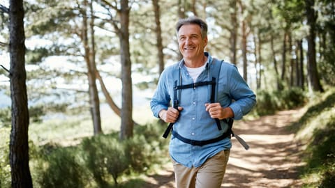 A smiling man in his early fifties hiking a sunlit woodland trail with a small daypack.